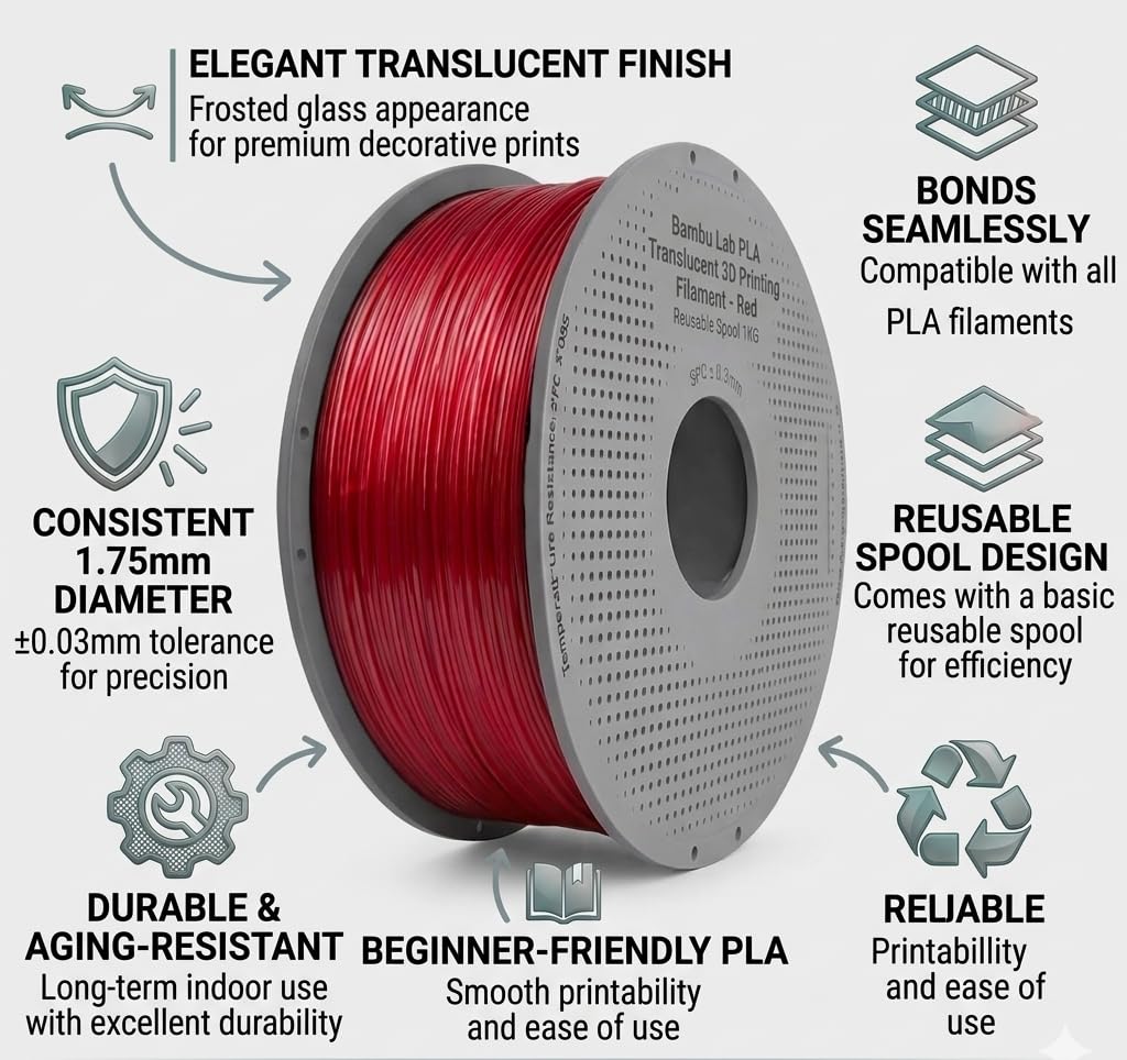 Bambu Lab PLA Translucent 3D Printing Filament - Red, Reusable Spool 1KG