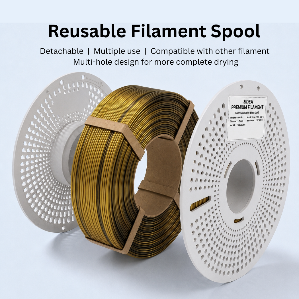 3Idea PLA Silk Dual Color Filament, 1.75mm, Black Gold, Reusable Spool, 1kg/roll